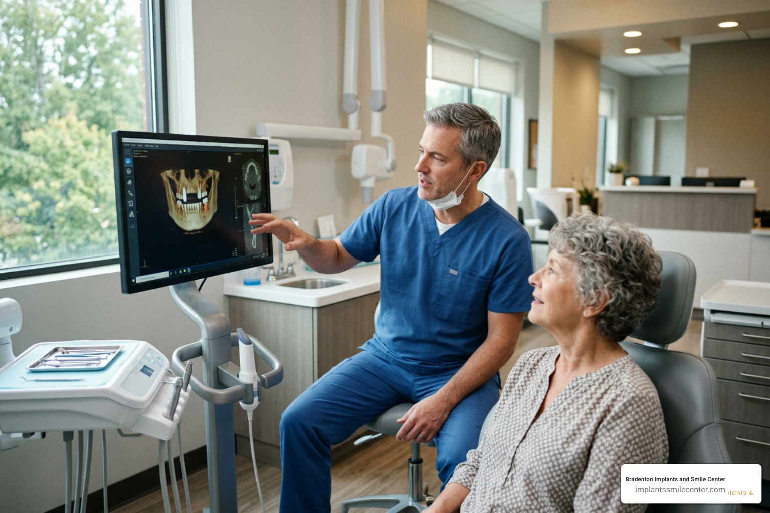 Dentist explaining a 3D CBCT scan to a patient in a modern dental clinic