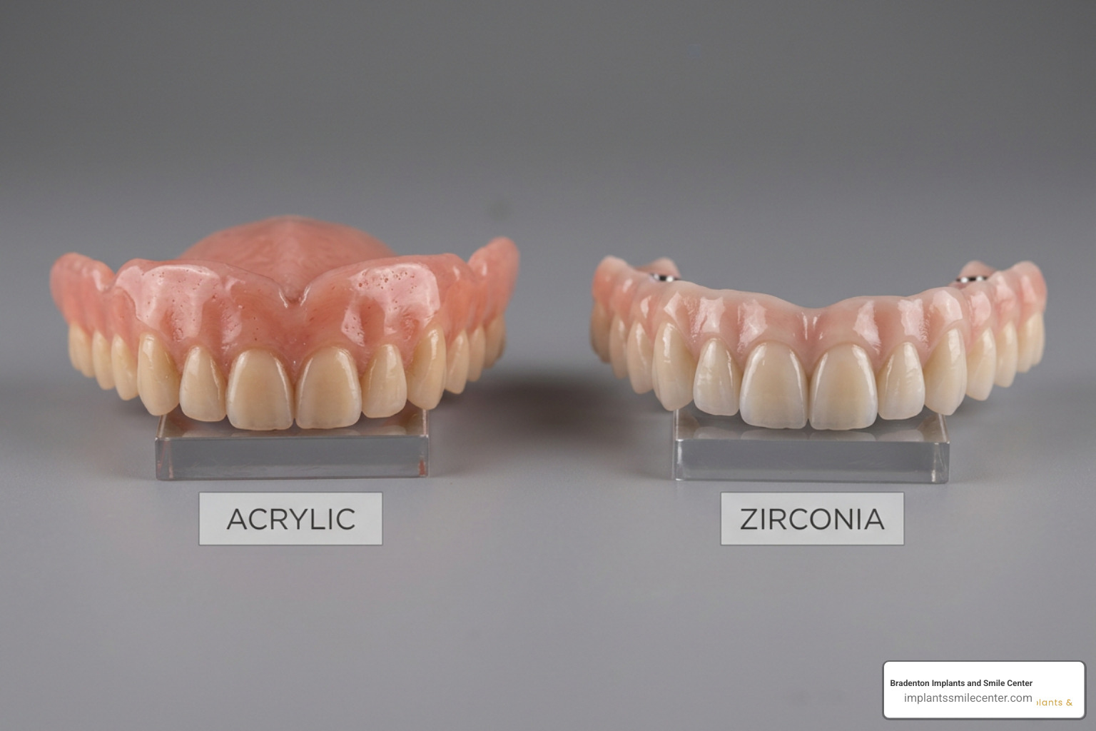 acrylic vs zirconia prosthetics comparison showing durability and aesthetic differences