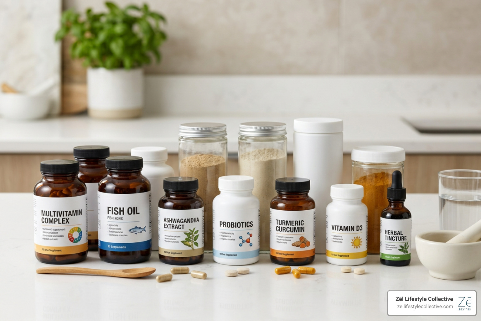 Assortment of high-quality clinical supplements, vitamins, and herbal extracts on a clean counter