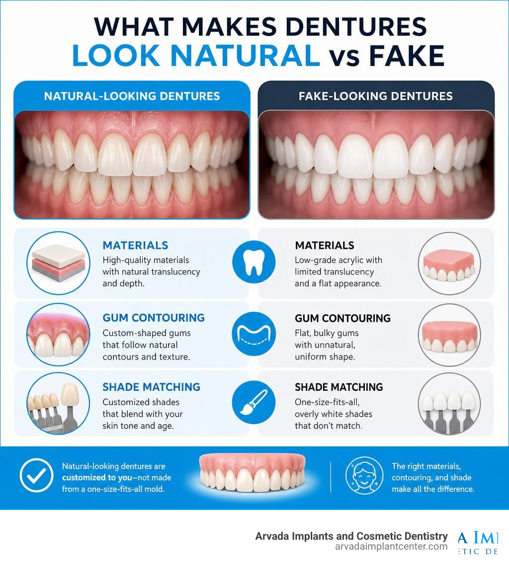 Infographic showing what makes dentures look natural vs fake including materials, gum contouring, and shade matching