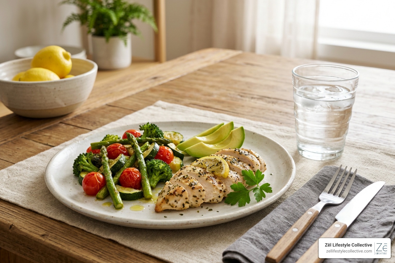 Healthy balanced low-carb meal with fresh vegetables and lean protein next to a water glass