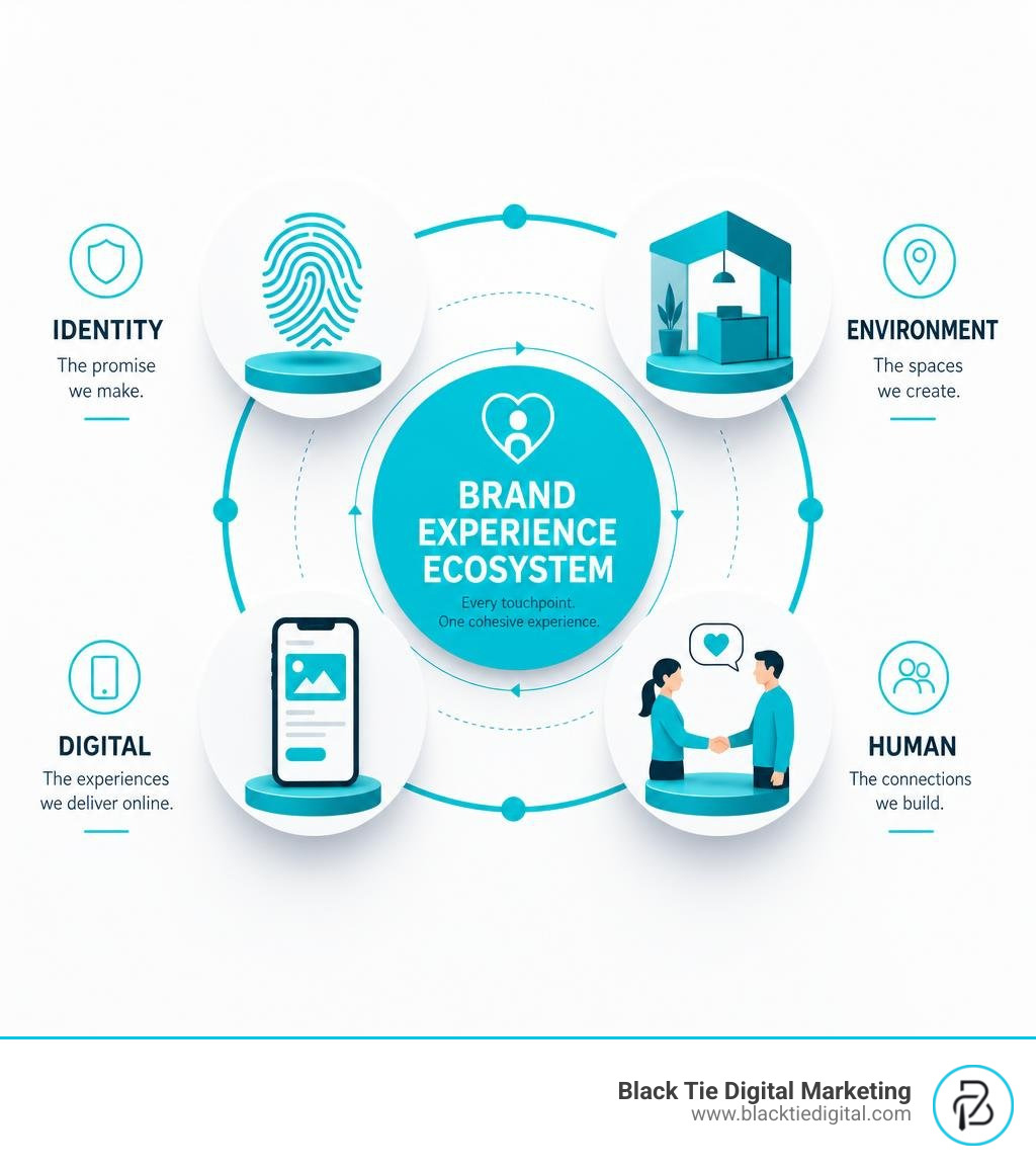 Infographic showing the brand experience ecosystem: identity, environment, digital, and human touchpoints infographic Infographic showing the brand experience ecosystem: identity, environment, digital, and human touchpoints infographic