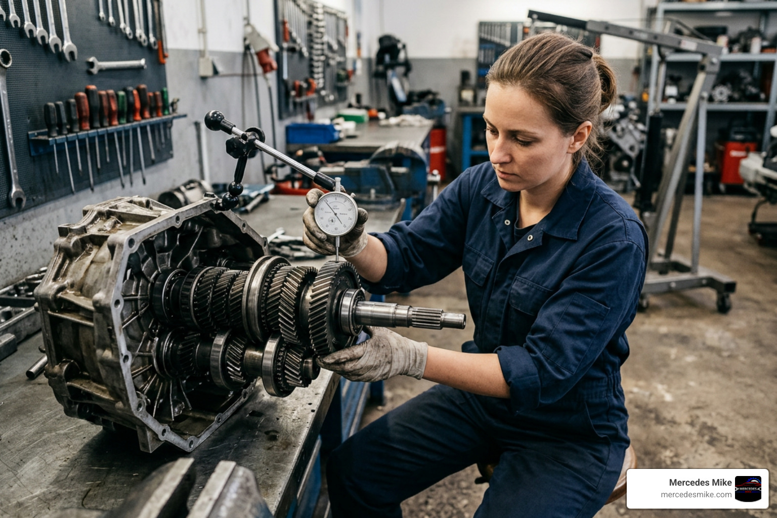 Technician measuring Porsche transmission gear tolerances with a dial indicator