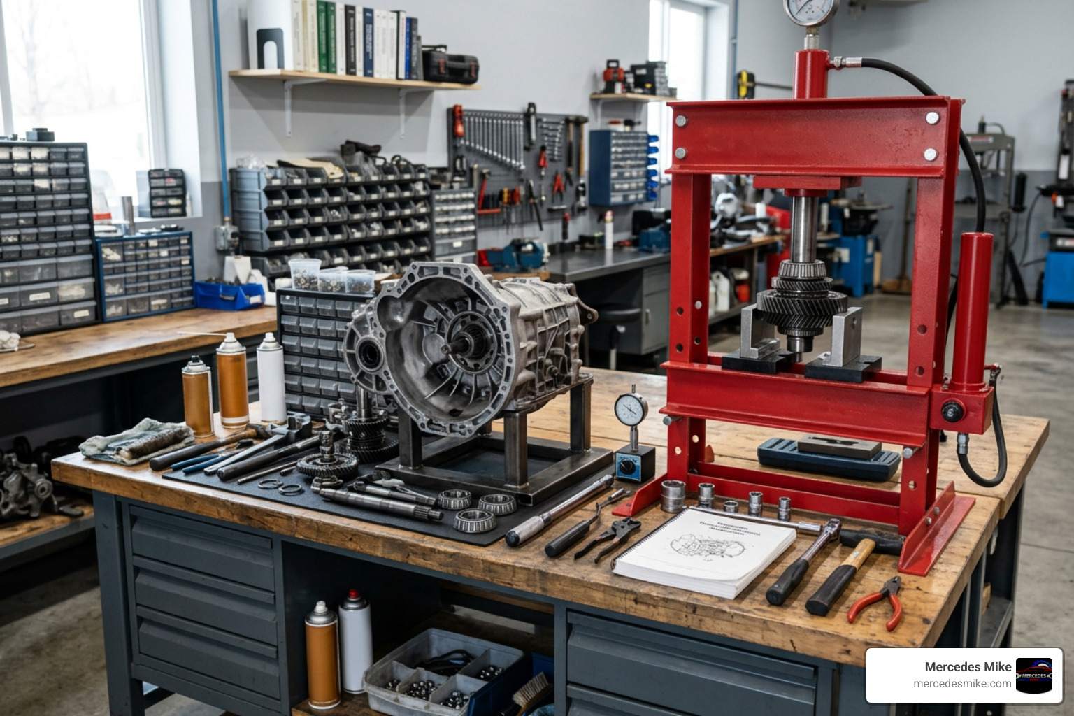 Specialized Porsche transmission rebuild tools and hydraulic press on workbench