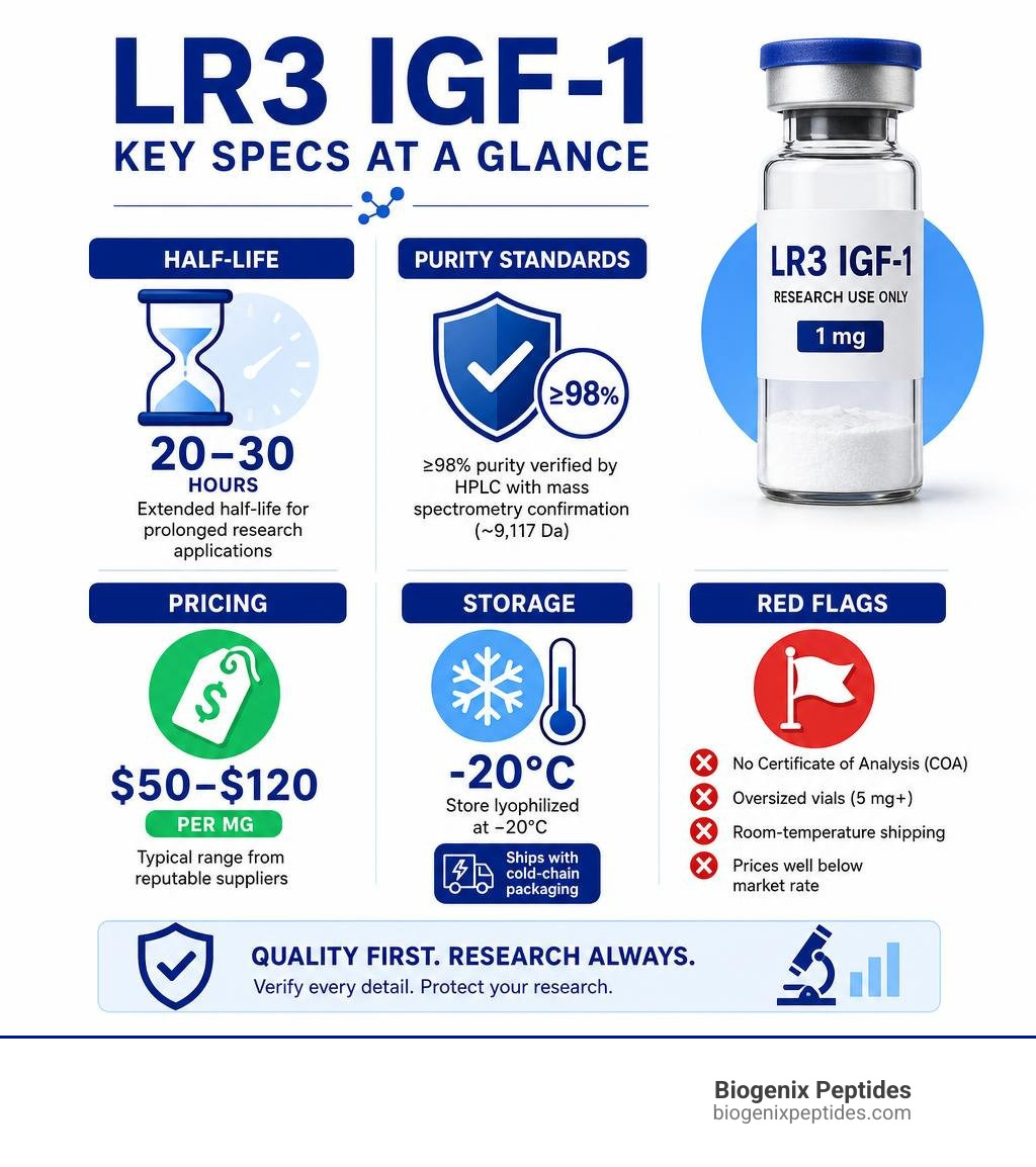 Infographic comparing LR3 IGF-1 key specs: half-life, purity standards, pricing, storage, and red flags infographic Infographic comparing LR3 IGF-1 key specs: half-life, purity standards, pricing, storage, and red flags infographic