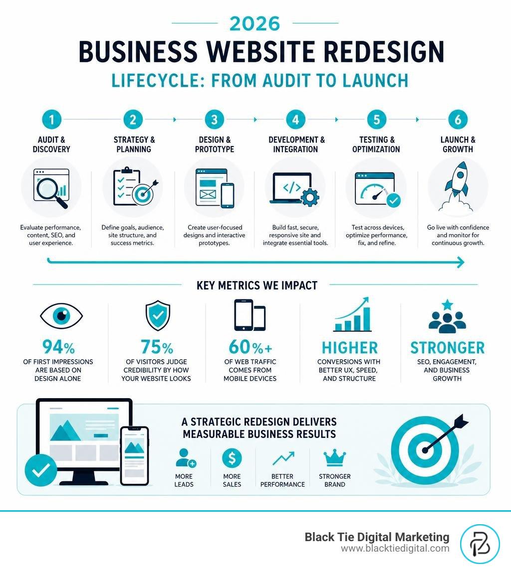 Infographic showing the 2026 business website redesign lifecycle from audit to launch with key metrics infographic Infographic showing the 2026 business website redesign lifecycle from audit to launch with key metrics infographic