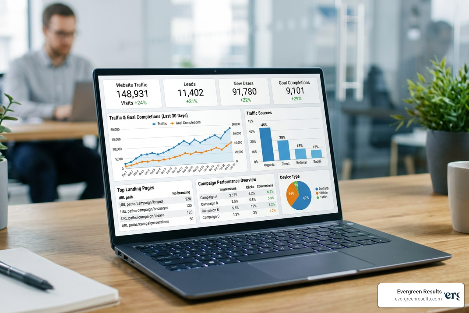 digital marketing metrics showing high conversion rates and traffic