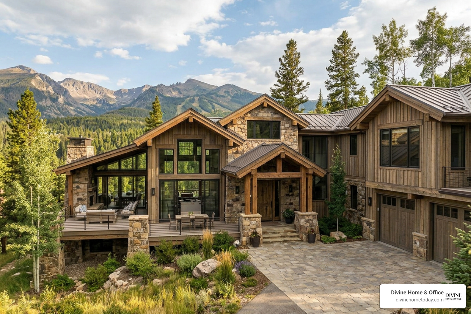 Million-dollar Colorado mountain home exterior with timber and stone facade and large windows Million-dollar Colorado mountain home exterior with timber and stone facade and large windows