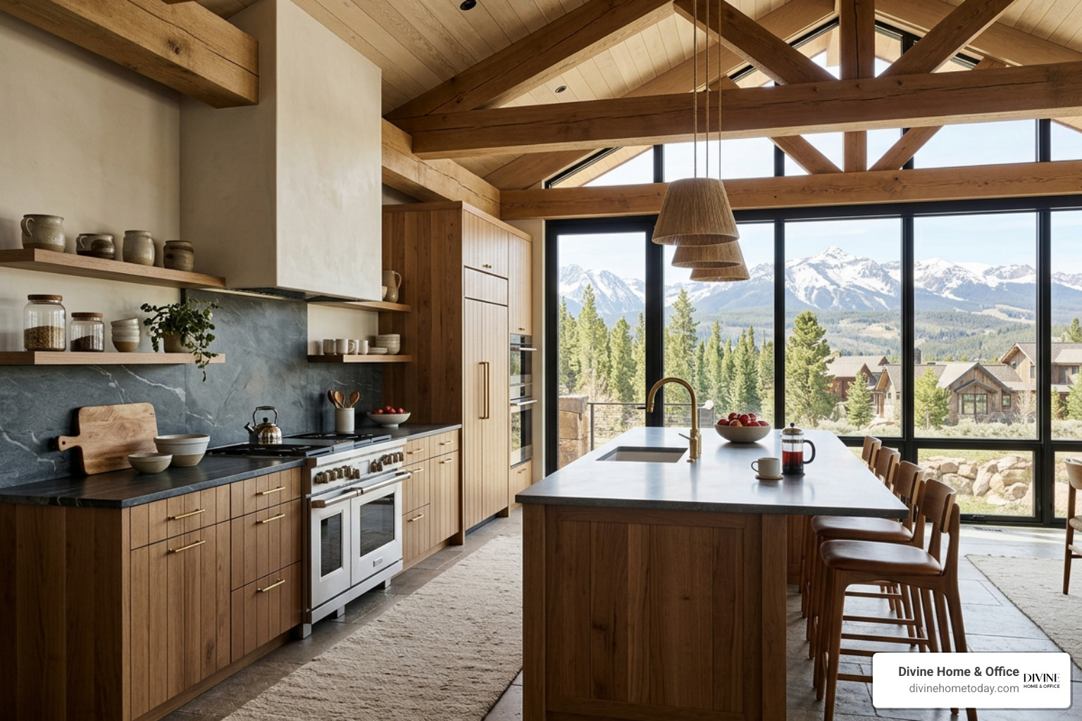 High-end modern mountain kitchen in a million-dollar Denver home with stone countertops and natural wood cabinetry High-end modern mountain kitchen in a million-dollar Denver home with stone countertops and natural wood cabinetry