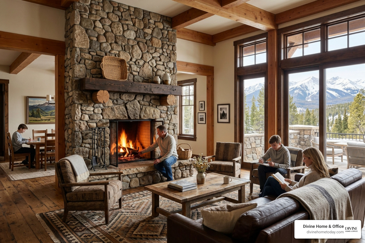 Luxury Colorado mountain living room with stone fireplace, timber beams, and warm wood floors Luxury Colorado mountain living room with stone fireplace, timber beams, and warm wood floors