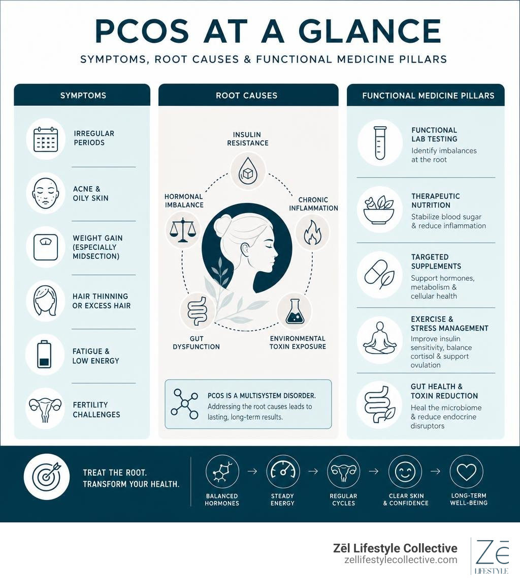 Infographic showing PCOS symptoms, root causes, and functional medicine pillars side by side infographic