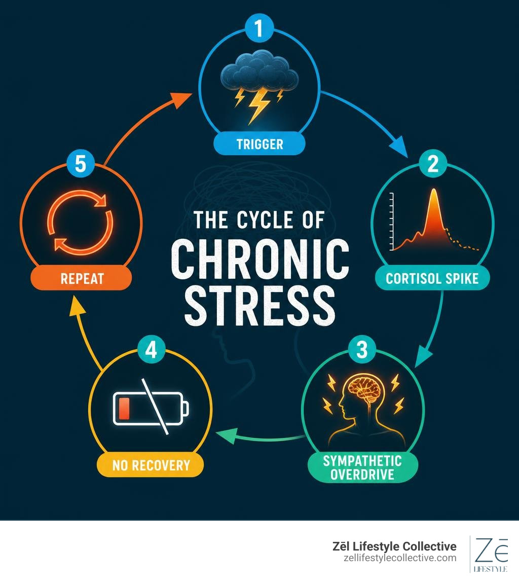 Infographic showing the cycle of chronic stress: trigger, cortisol spike, sympathetic overdrive, no recovery, repeat