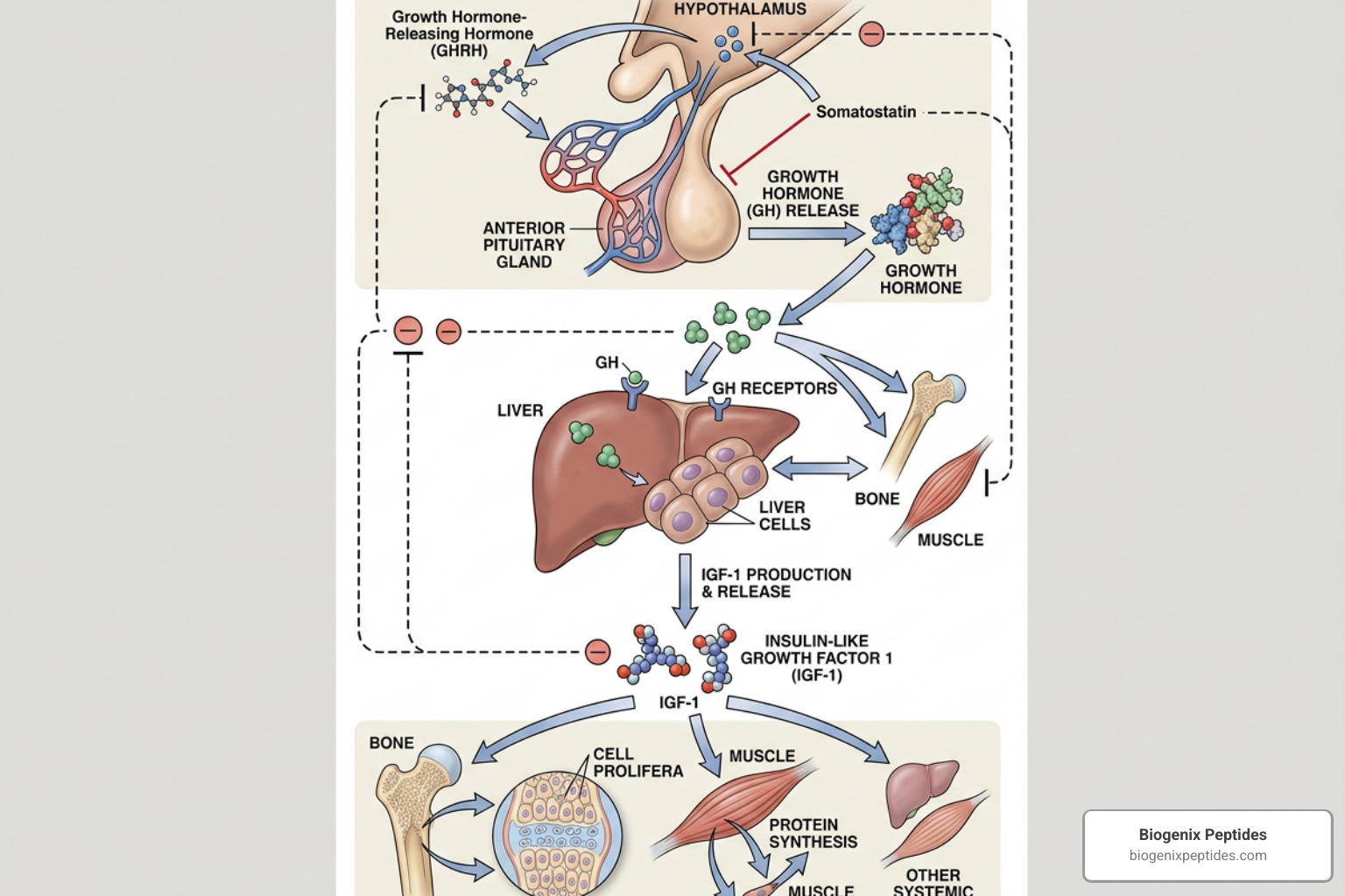 Scientific diagram showing the growth hormone pathway from pituitary stimulation to IGF-1 release