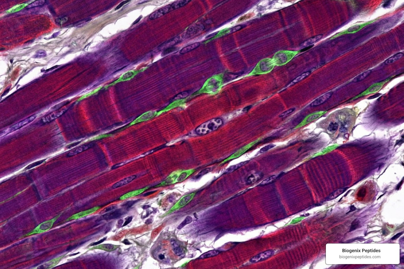 Microscopic view of muscle fibers undergoing cellular repair and satellite cell activation