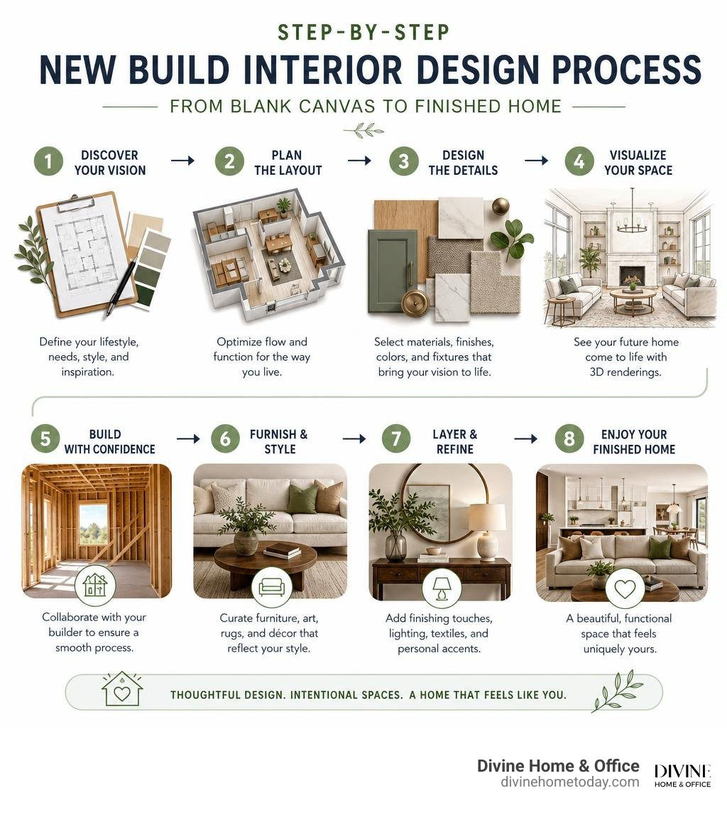 Step-by-step new build interior design process from blank canvas to finished home infographic Step-by-step new build interior design process from blank canvas to finished home infographic