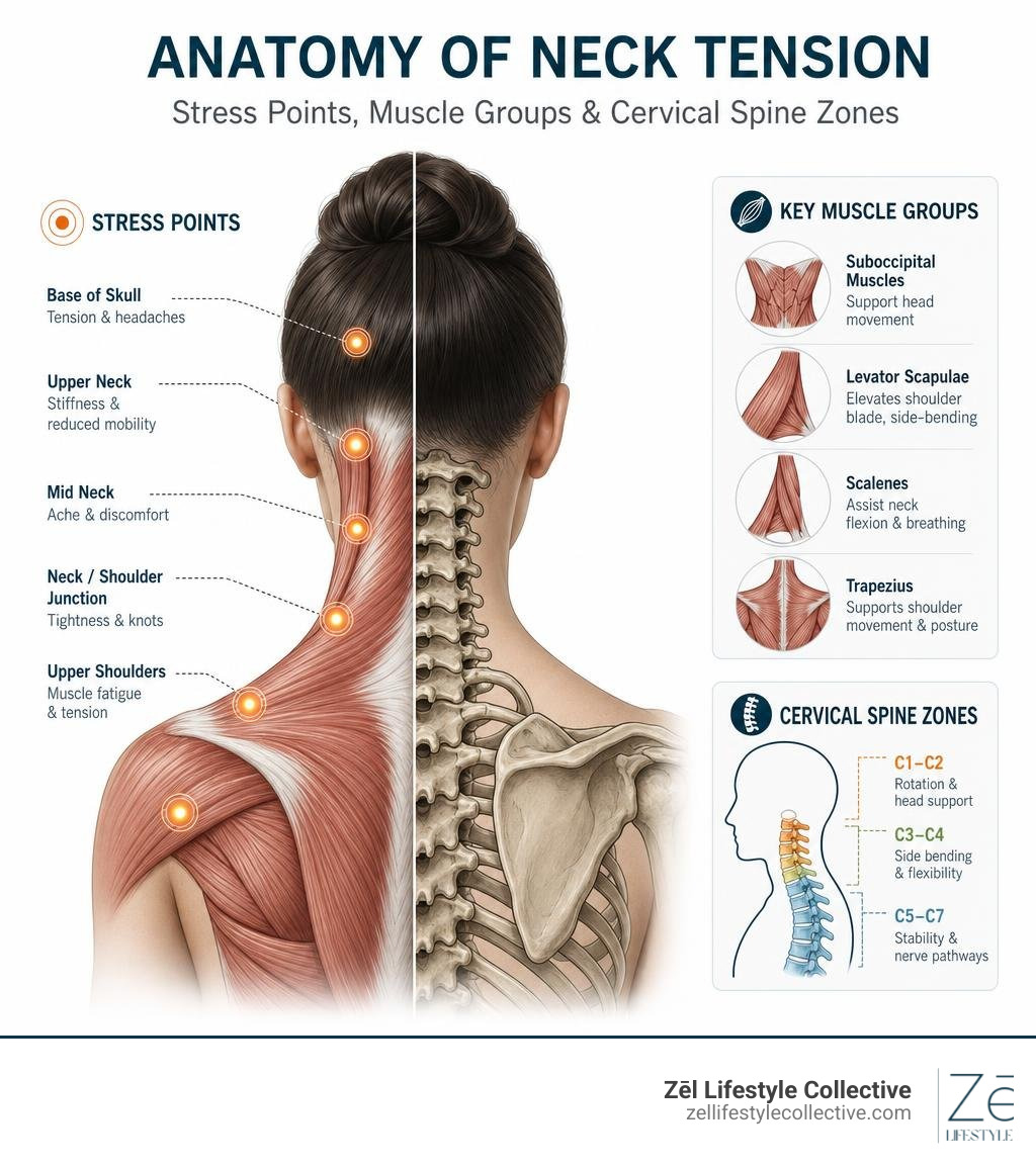 Anatomy of neck tension showing stress points, muscle groups, and cervical spine zones infographic