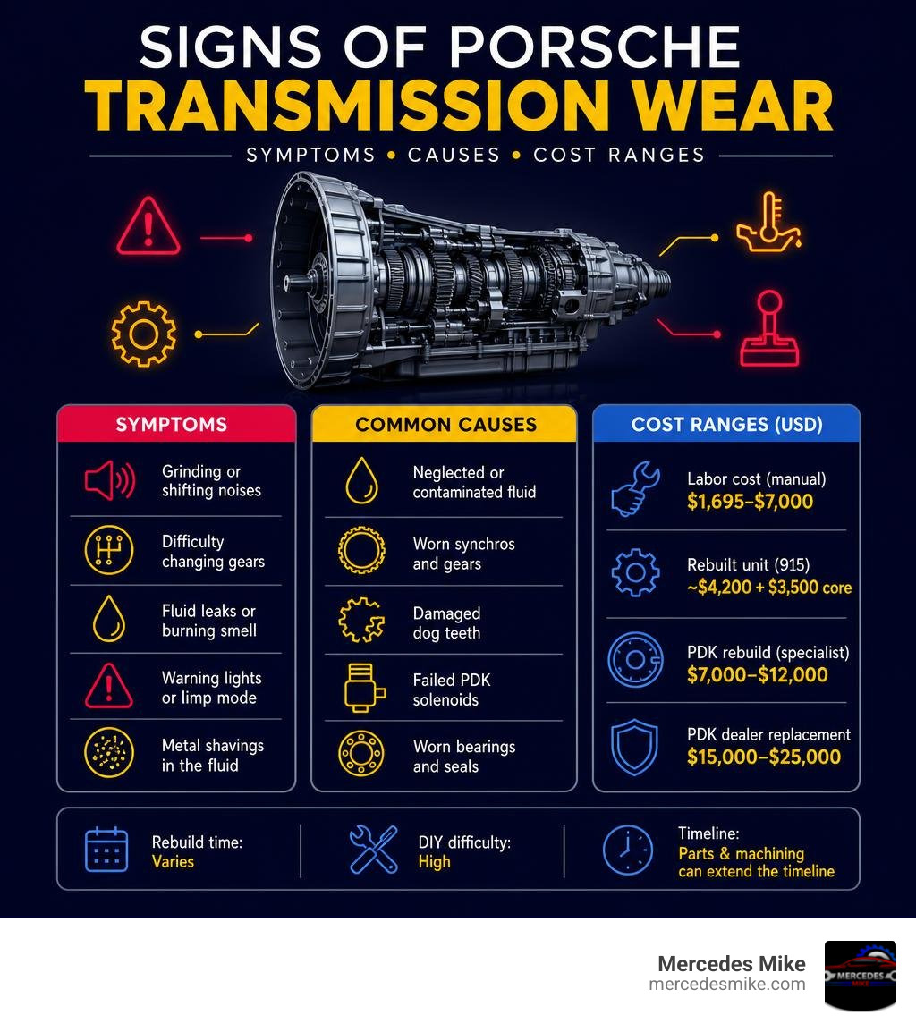 Signs of Porsche transmission wear infographic showing symptoms, causes, and cost ranges infographic