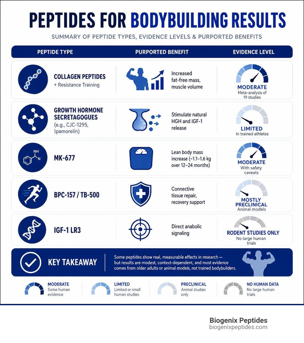 Infographic summarizing peptide types, evidence levels, and purported bodybuilding benefits infographic