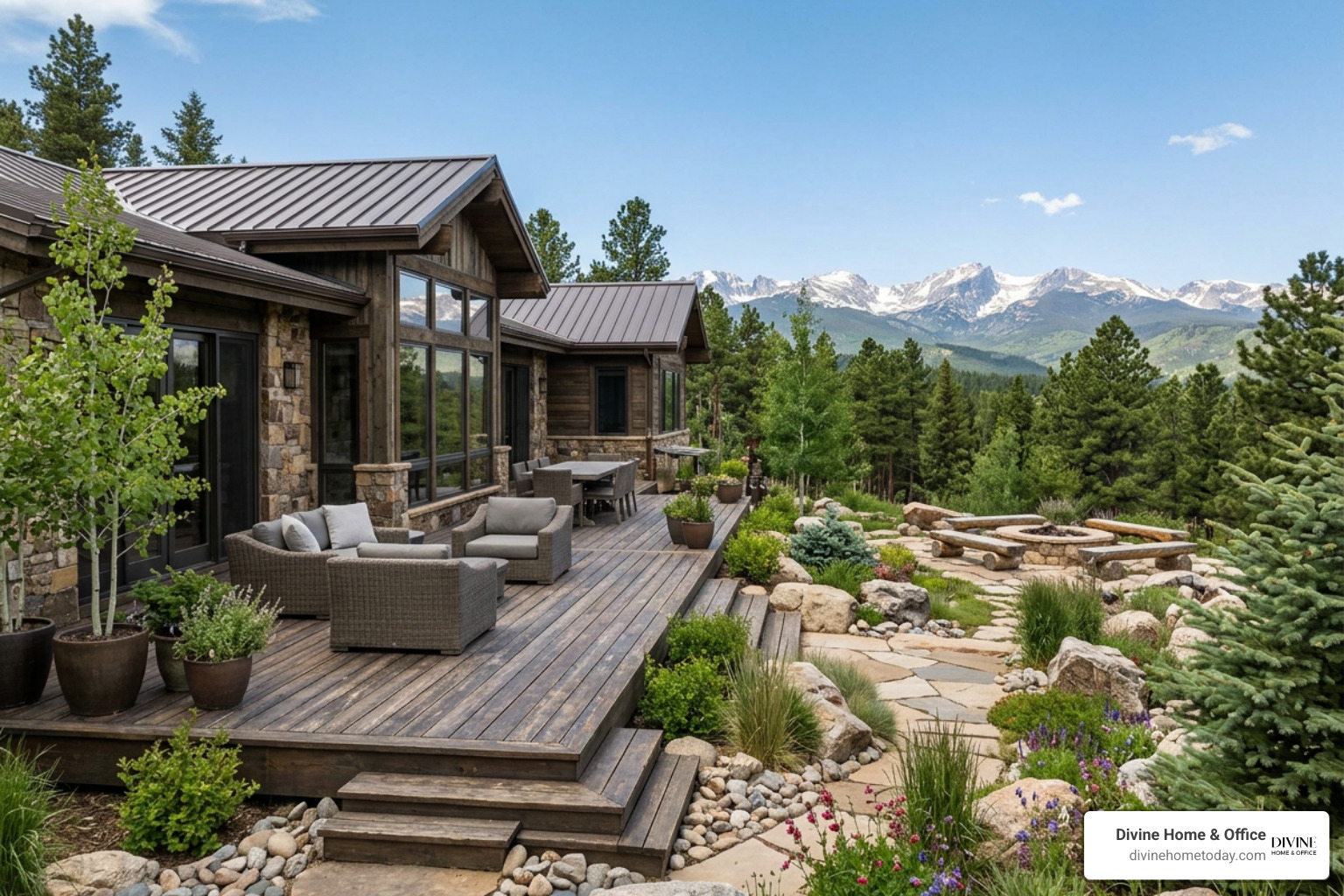 Beautifully landscaped backyard with a wooden deck and mountain views in Evergreen Colorado Beautifully landscaped backyard with a wooden deck and mountain views in Evergreen Colorado