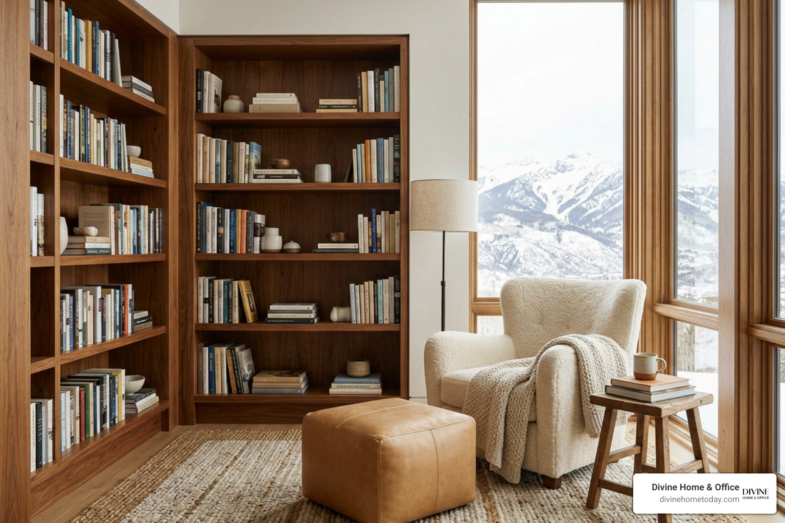 Cozy reading nook with built-in bookshelves in a luxury Colorado mountain home Cozy reading nook with built-in bookshelves in a luxury Colorado mountain home