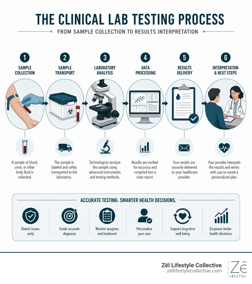Clinical lab testing process from sample collection to results interpretation infographic Clinical lab testing process from sample collection to results interpretation infographic
