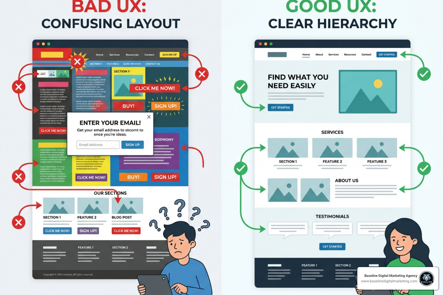 Comparison of bad website UX with confusing layouts versus good website UX with clear hierarchy