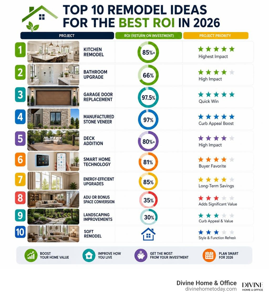 Infographic showing top best remodel ideas with ROI percentages and project priorities for 2026 infographic Infographic showing top best remodel ideas with ROI percentages and project priorities for 2026 infographic