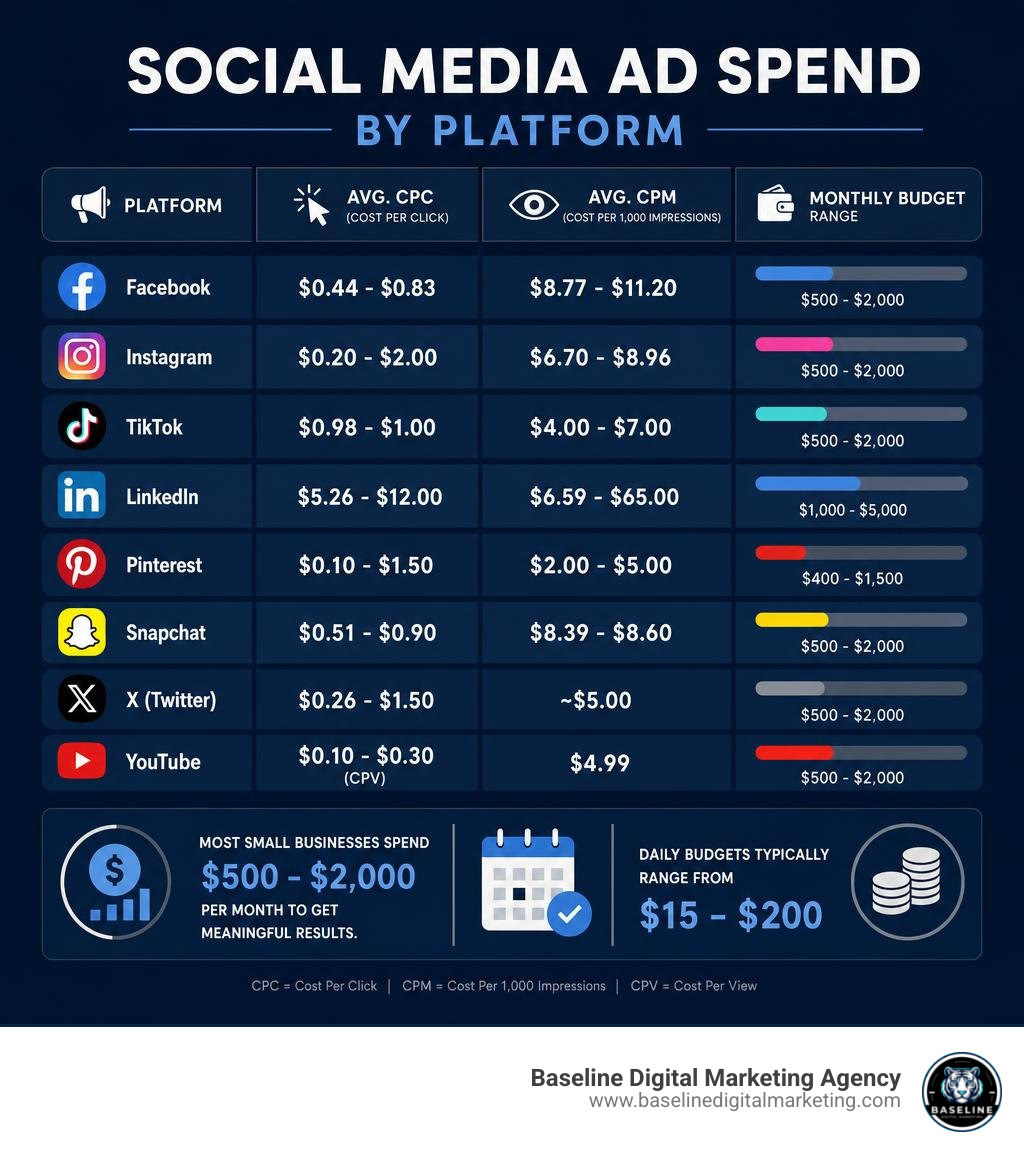 Breakdown of social media ad spend by platform showing CPC, CPM, and monthly budget ranges infographic