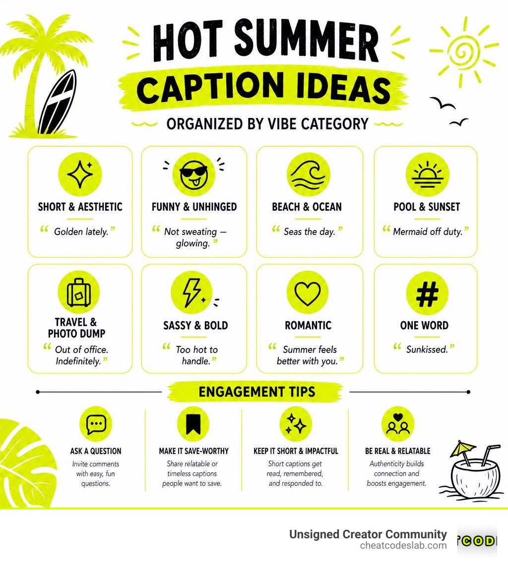 Infographic showing hot summer caption ideas organized by vibe category with engagement tips infographic Infographic showing hot summer caption ideas organized by vibe category with engagement tips infographic