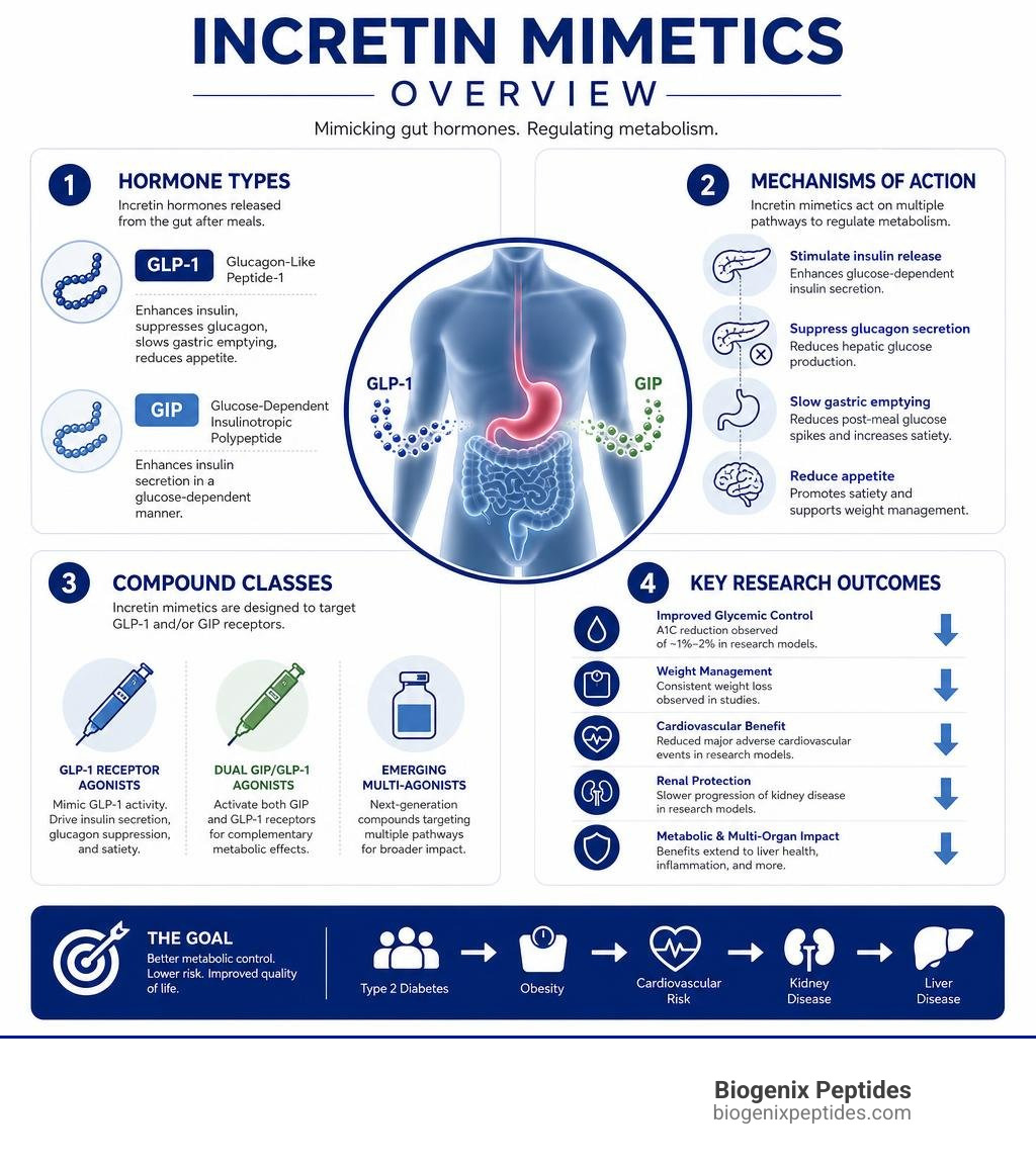 Incretin mimetics overview infographic: hormone types, mechanisms, compound classes, and key research outcomes infographic