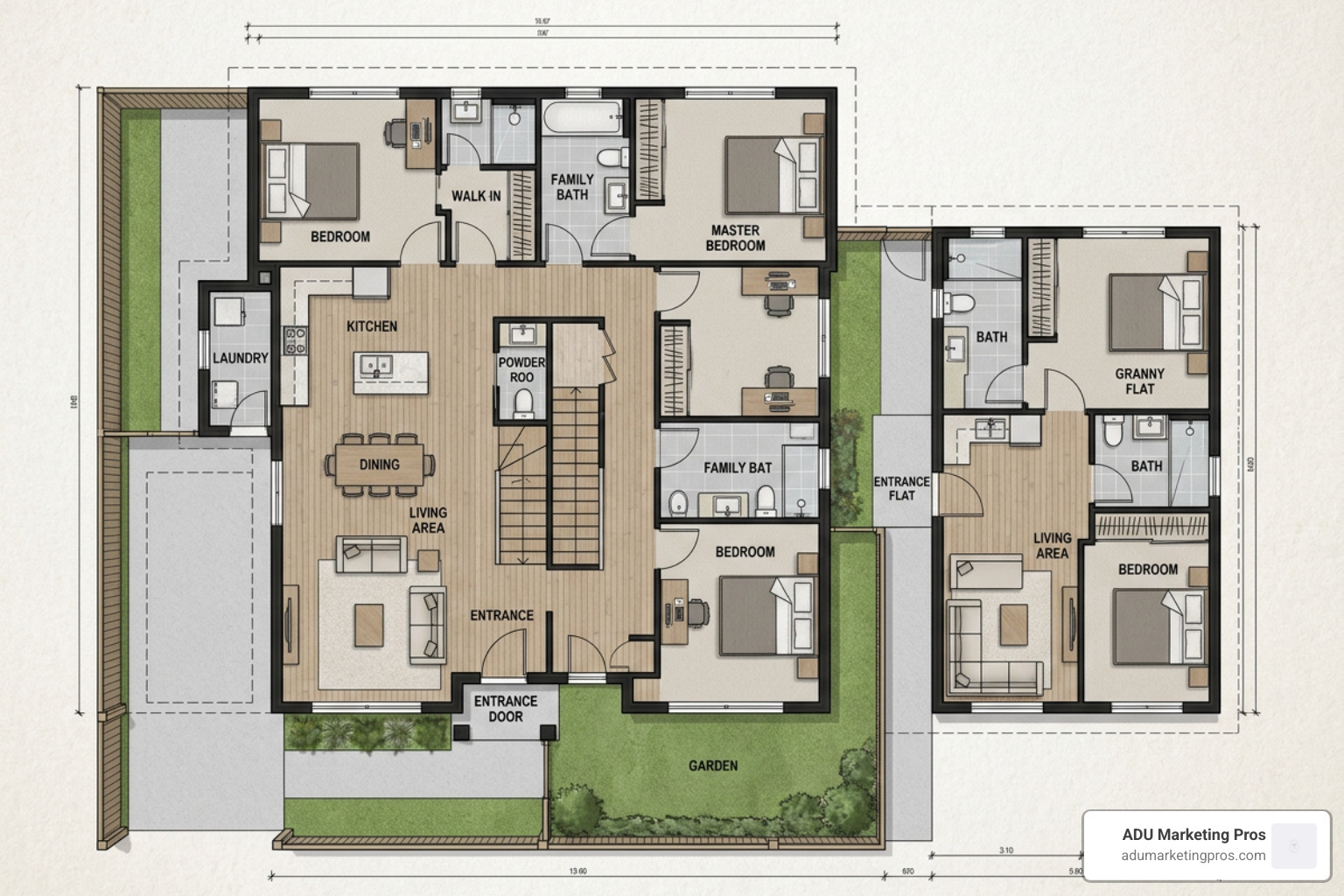 a detailed modern floor plan layout showing a main house and attached secondary dwelling