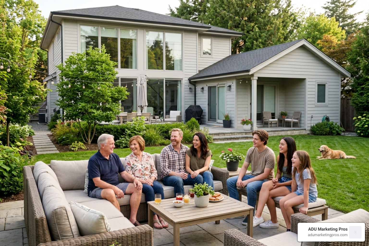 a multi-generational family sharing a modern backyard space