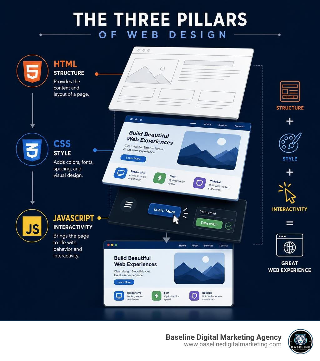 Infographic showing how HTML provides structure, CSS adds style, and JavaScript adds interactivity in web design infographic