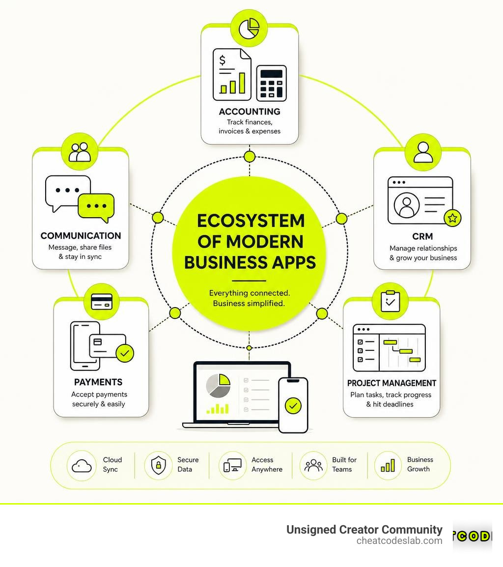 Ecosystem of modern business apps by category showing accounting, CRM, communication, payments, and project management tools