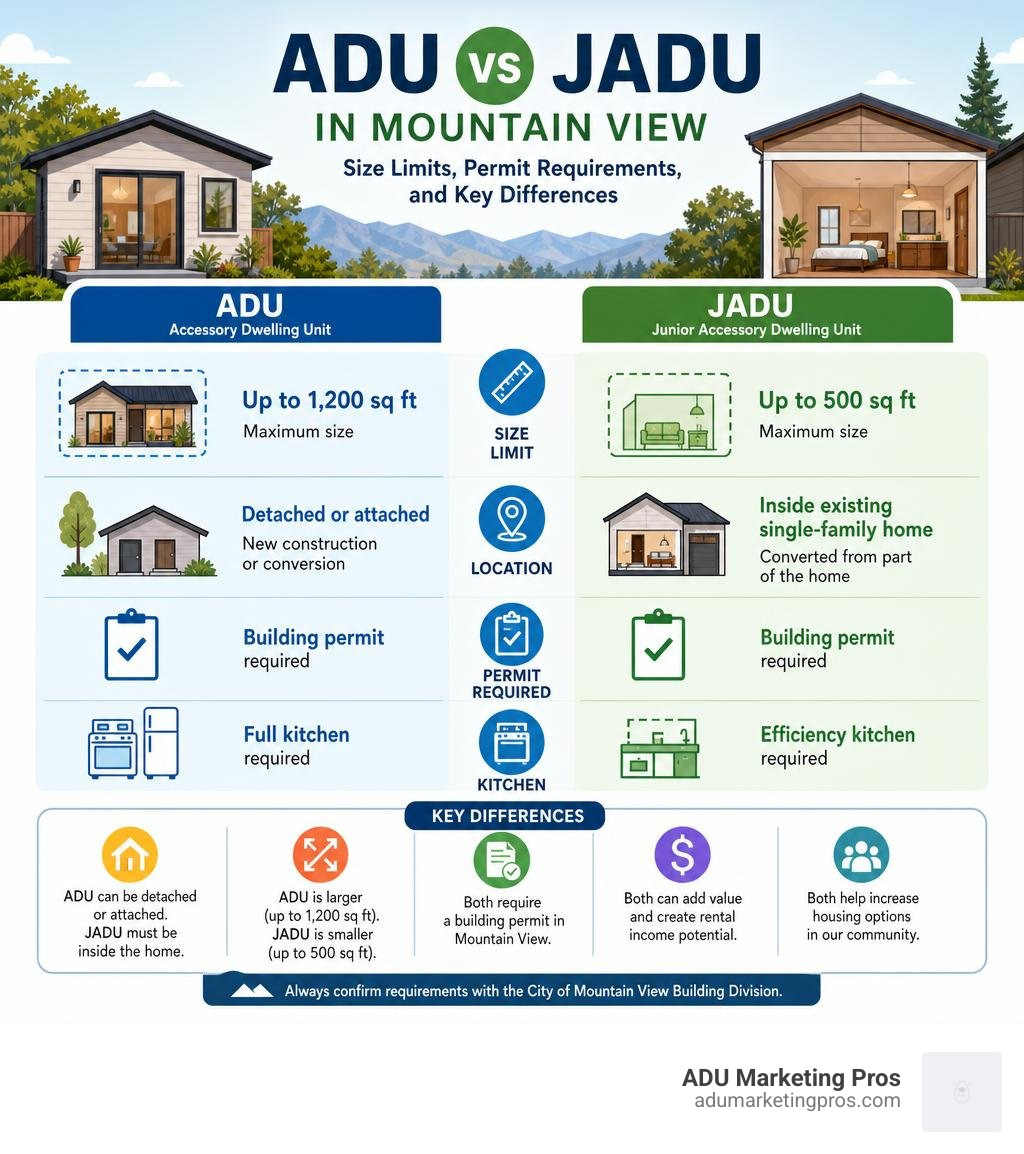Infographic comparing ADU vs JADU in Mountain View: size limits, permit requirements, and key differences infographic