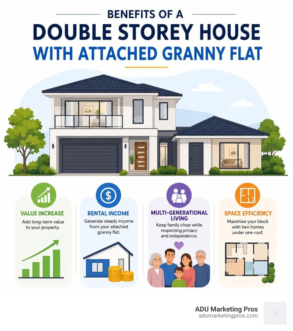 infographic showing benefits of double storey house with attached granny flat including value increase, rental income