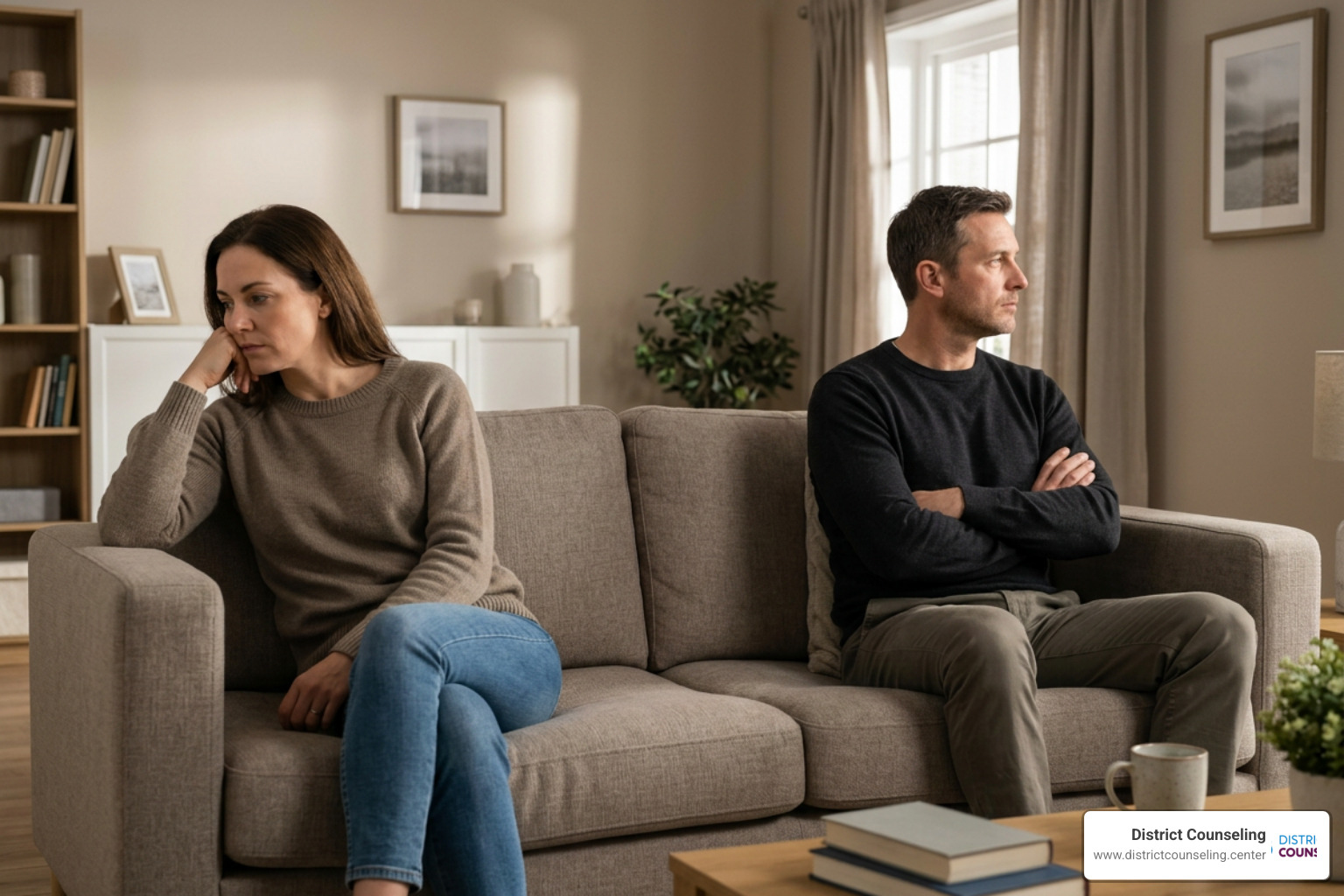 A couple sitting on opposite ends of a couch looking away from each other, illustrating emotional distance and the silent A couple sitting on opposite ends of a couch looking away from each other, illustrating emotional distance and the silent