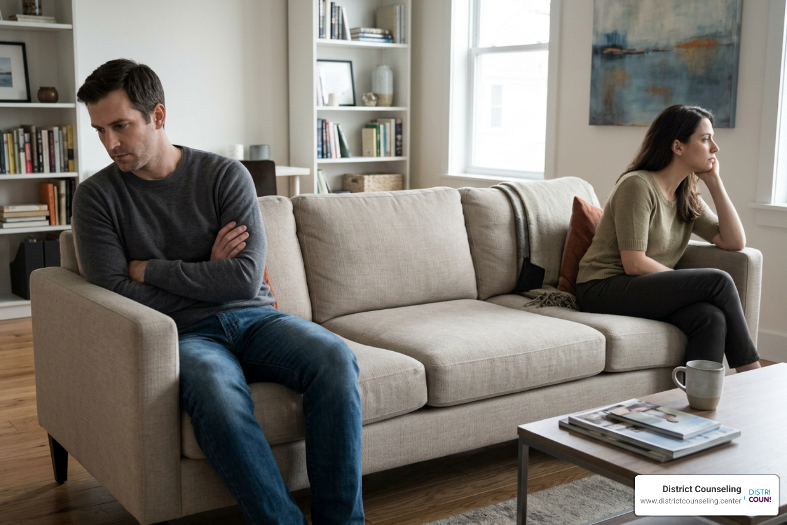 A couple sitting on opposite ends of a couch, displaying emotional distance and a breakdown in communication