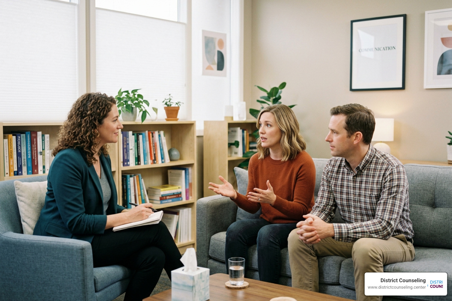 A couples therapy session where a supportive therapist is helping a couple navigate their communication barriers
