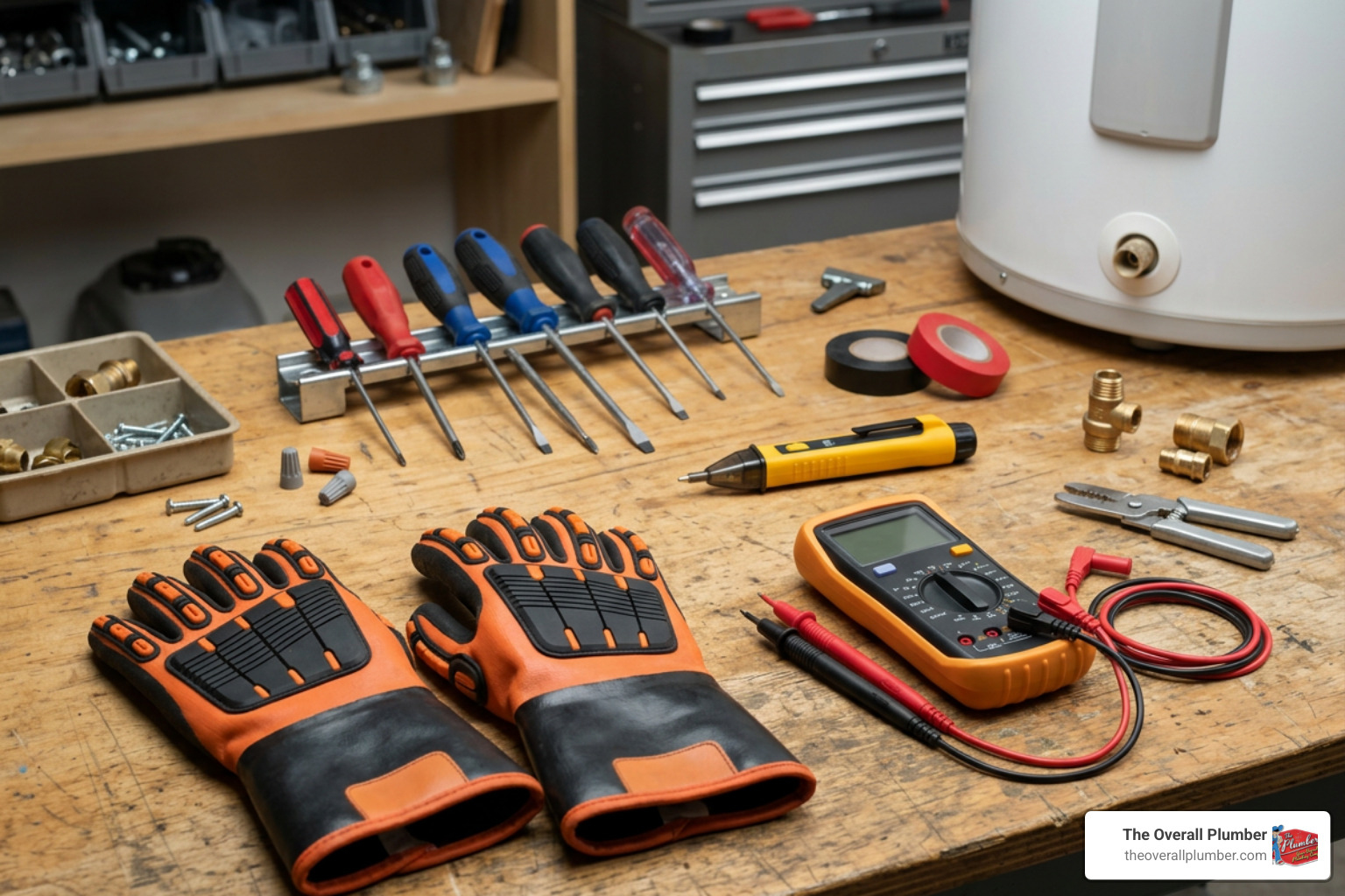 essential tools for electric geyser repair including voltage tester and safety gloves