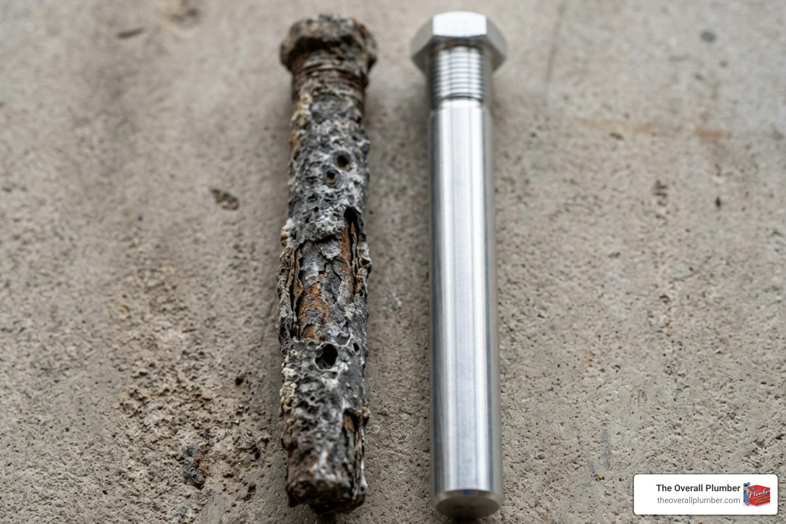 corroded anode rod versus a new shiny anode rod showing wear and tear