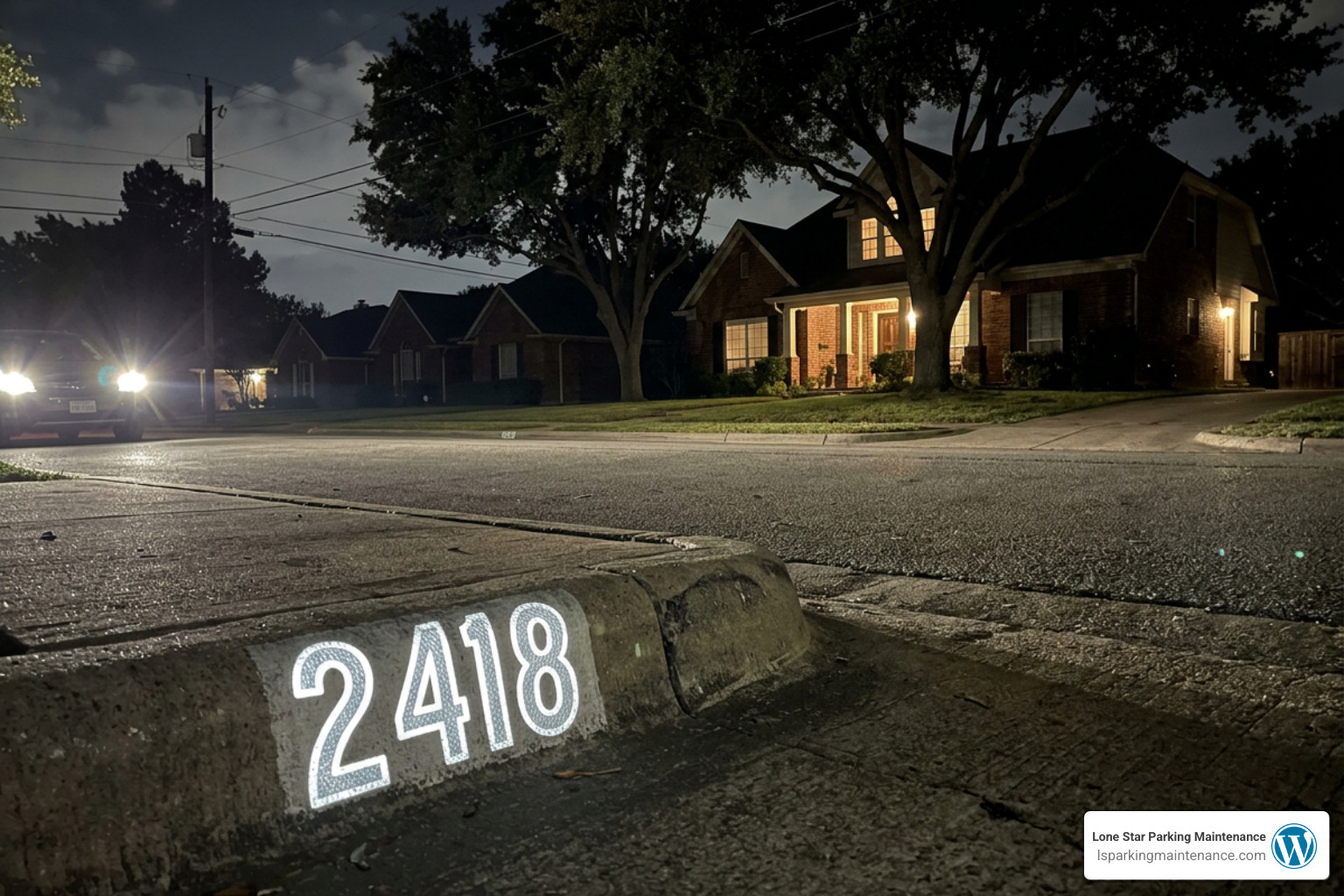 Reflective curb numbers at night in Fort Worth neighborhood Reflective curb numbers at night in Fort Worth neighborhood