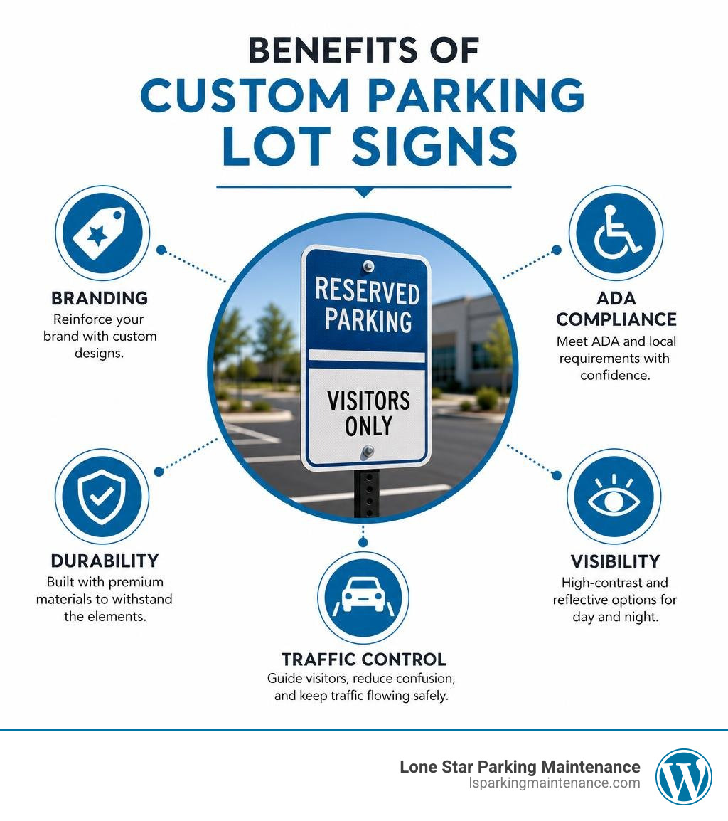 Benefits of custom parking lot signs: branding, ADA compliance, durability, visibility, traffic control infographic Benefits of custom parking lot signs: branding, ADA compliance, durability, visibility, traffic control infographic