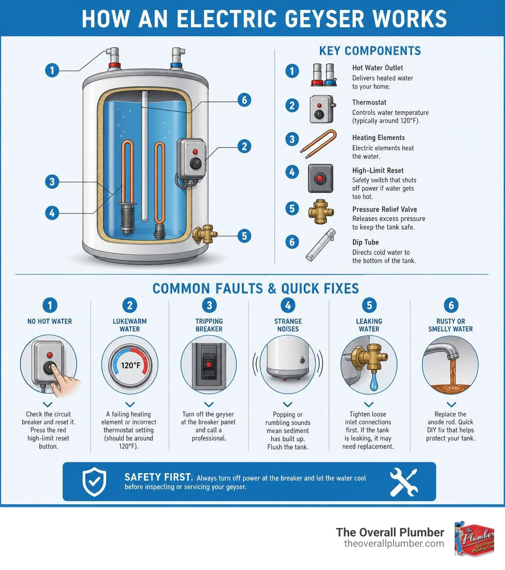 How an electric geyser works: components, common faults, and quick fixes infographic infographic