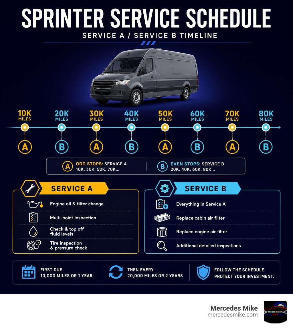 Mercedes-Benz Sprinter service A and B schedule timeline from 10K to 80K miles with key tasks infographic