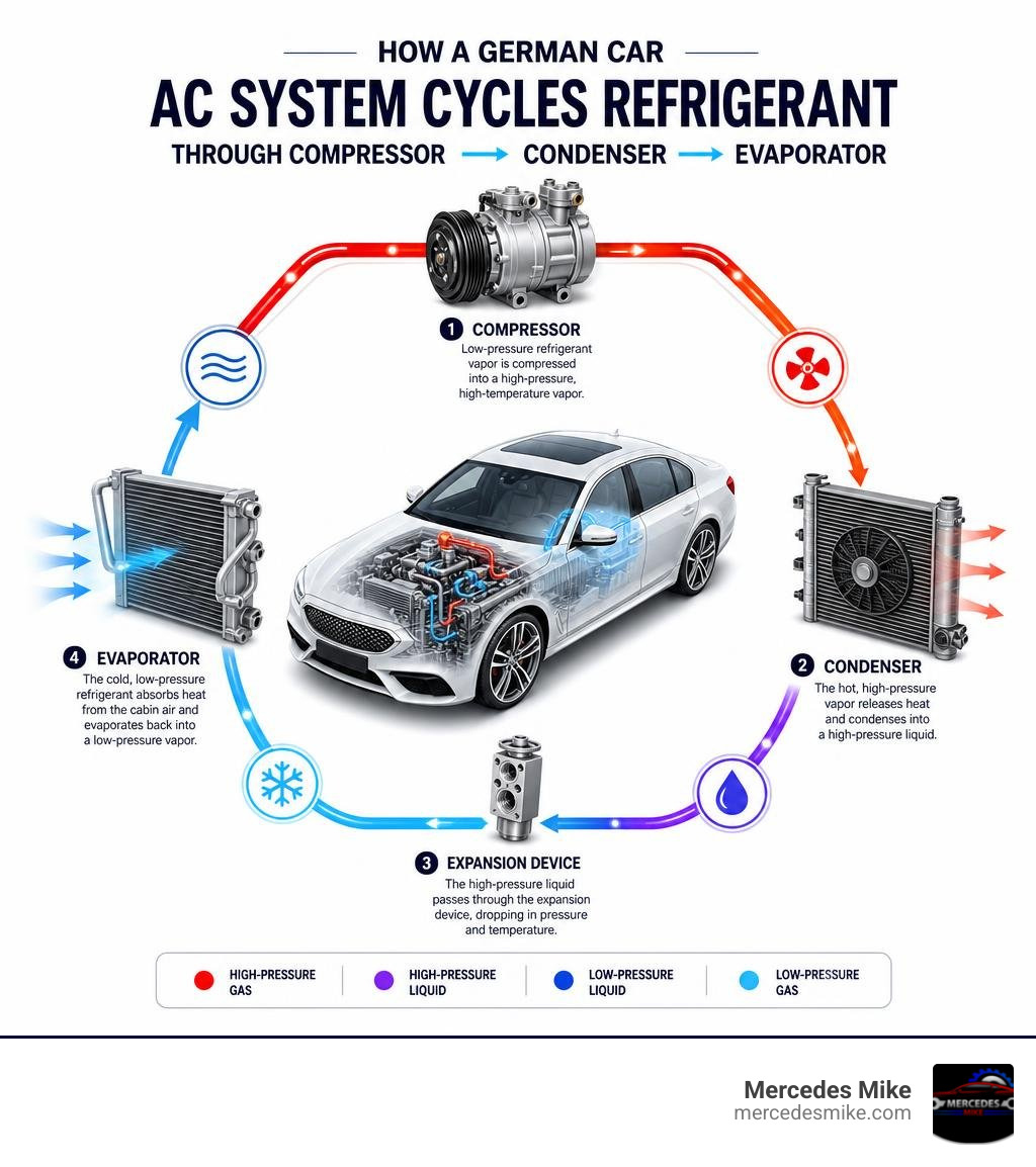 How a German car AC system cycles refrigerant through compressor condenser evaporator infographic