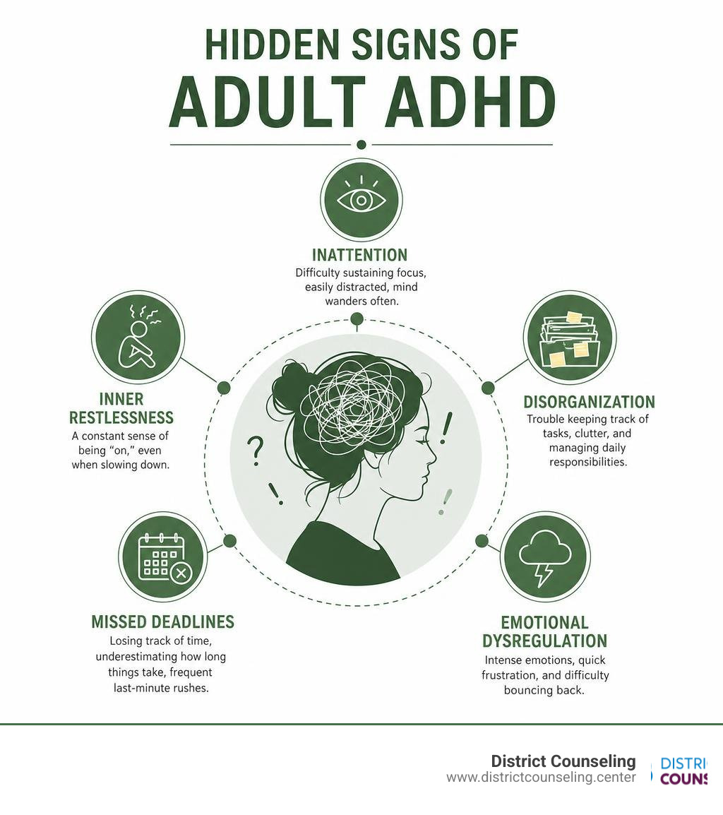 Hidden signs of adult ADHD infographic: inattention, inner restlessness, disorganization, missed deadlines, emotional Hidden signs of adult ADHD infographic: inattention, inner restlessness, disorganization, missed deadlines, emotional