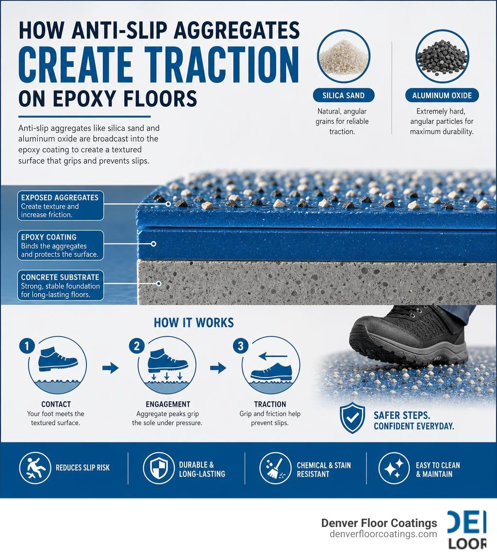 Infographic showing how anti-slip aggregates like silica sand and aluminum oxide create traction on epoxy floors infographic Infographic showing how anti-slip aggregates like silica sand and aluminum oxide create traction on epoxy floors infographic