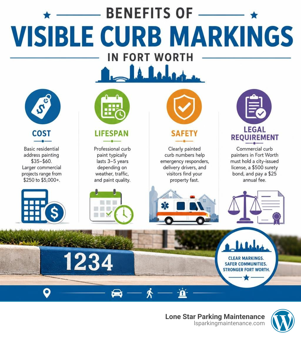 Benefits of visible curb markings in Fort Worth infographic showing cost, lifespan, safety, and legal requirements Benefits of visible curb markings in Fort Worth infographic showing cost, lifespan, safety, and legal requirements