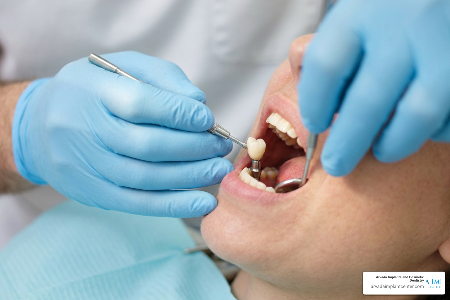 A custom dental crown being attached to an implant abutment A custom dental crown being attached to an implant abutment